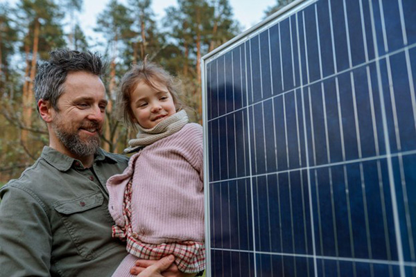 Father and Daughter Smile at Solar Panels