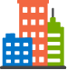 Icon of commercial buildings in various colors representing a cityscape.